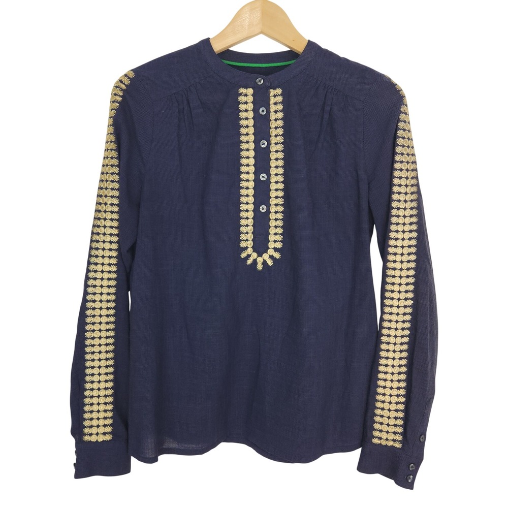 Boden Esme Navy Blue Gold Pineapple Embroidered Blouse Top W0756 US 2 UK 6